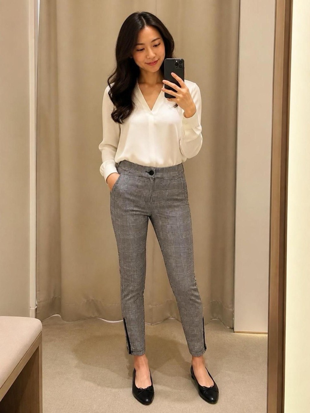 Betabrand Classic Plaid Ankle Pants in Gray